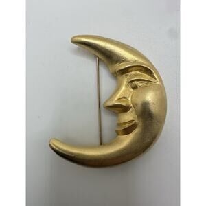 Vintage Moon Brooch Pin Brushed Gold Tone Metal Man In Moon Pin